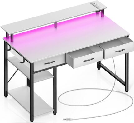 Computer Desk with Power Outlets & LED Light, 39 inch Home Office Desk with 3 Drawers and Storage Shelves, Writing Desk with Monitor Stand, Work Desk for Home Office,White