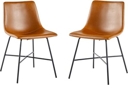 Upholstered Dining Chair with Metal X Base, Set of 2, Whiskey Brown