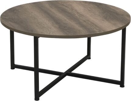 Household Essentials  Round Coffee Table  Rustic Wood Grain and Black Metal 31.5 x 31.5, Taupe