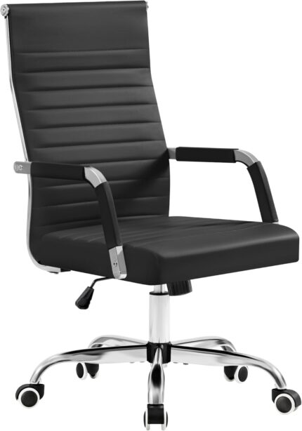 Ergonomic Office Desk Chair, Executive Ribbed Mid-Back PU Leather Conference Room Chair Adjustable Swivel Chair with Arms (1, Black)