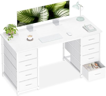 48 Inches Computer Desk with 8 Fabric Drawers, Modern Office Desk with Large Storage for Home Office, Study, White