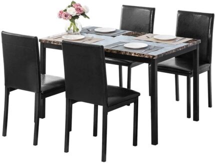 Dining Table Set for 4, 5 Piece Kitchen Table Set with PU Leather Chairs Space-Saving Faux Marble Dining Room Table Set for 4 for Small Home Kitchen, Apartment