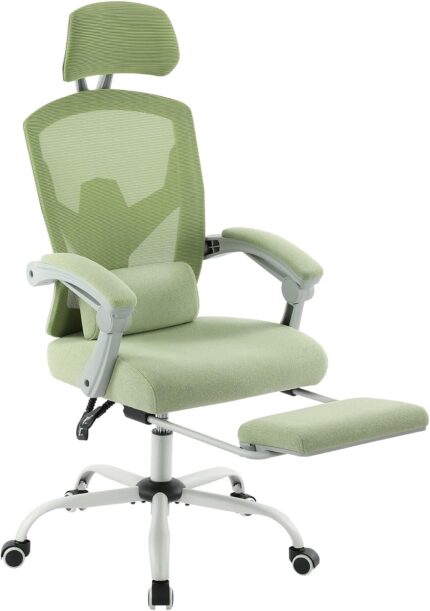 Office Desk Chair with Footrest Ergonomic Gaming Chair for Adults Computer Mesh, Lumbar Support,Swivel Reclining with Headrest, Comfy Armrest for Home, Office, Work, Study, Light Green
