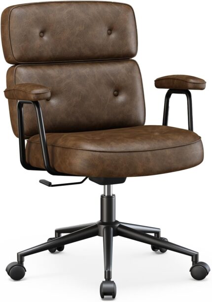 Ergonomic Home Office Desk Chair, PU Leather Computer Chair with Lumbar Support Adjustable Height Rolling Swivel Executive Task Armrests Chair, Modern Brown