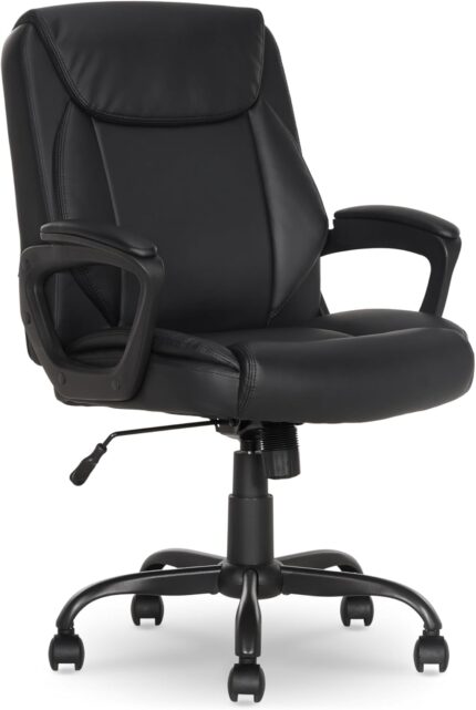 Classic Puresoft PU Padded Mid-Back Office Desk Chair with Armrest, Easy Assembly, Sturdy Metal Base, Wheels, 275lb Support, 26"D x 23.75"W x 42"H, Black