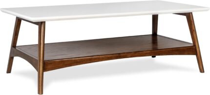 Rectangular Wood Coffee Table With Solid Wood Frame & Legs, Living Room Coffee Tables With Storage Shelf, Accent Furniture For Living Room, Minimalist Decor - Off-White / Pecan Parker