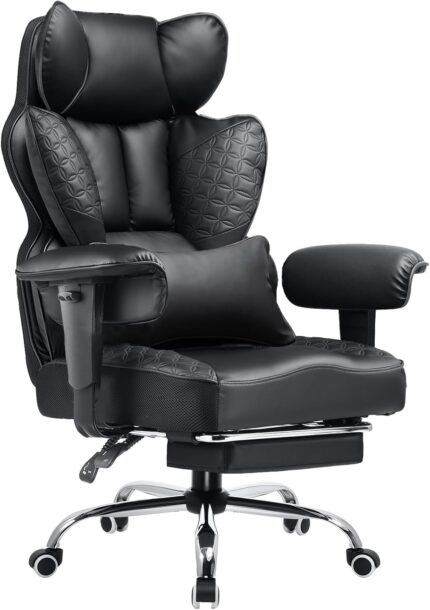 Big and Tall Office Chair Heavy Duty Wide Ergonomic Gaming Chair with Deluxe Embossing Designed Leather with Foot Rest,150°Reclining Adjustable Armrests Pocket Spring Back Support and Pillow