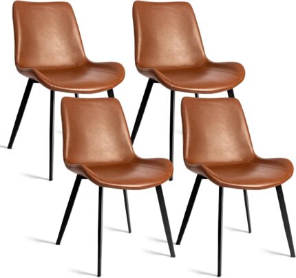 Dining Chairs Set of 4 , Faux Leather Brown Cushion Seat , Upholstered Dining Accent Side Chairs with Comfy Back and Sturdy Black Metal Legs for Living , Restaurant & Meeting Room , Brown