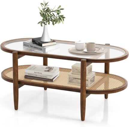 Rattan Coffee Table, 40”L Boho Oval Acacia Wood Cocktail Table with Tempered Glass Tabletop & PE Rattan Storage Shelf, 2-Tier Tea Center Table for Living Room Office Reception (Boho, Brown)
