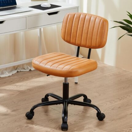 Small Office Desk Chair - Armless PU Leather with Comfy Lumbar Support, Height Adjustable Rolling Swivel Task for No Arms, for Adult, Student, Bedroom, Home, Vanity, Brown