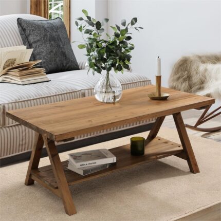 Solid Wood Coffee Table - 42.5” Firwood Rustic Wooden Coffee Tables for Living Room, Solid Firwood Rectangle Coffee Table, Center Table for Living Room, Brown
