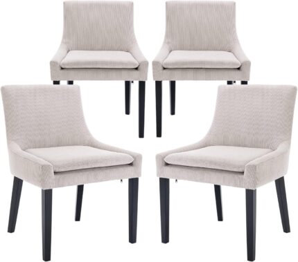 Modern Dining Chairs Set of 4, Upholstered Corduroy Accent Side Leisure Chairs with Mid Back and Wood Legs for Living Room/Dining Room-Beige