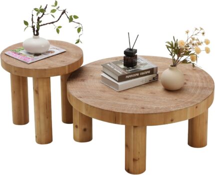 2-Piece Round Coffee Table, Rustic Coffee Table Sets, Circle Wooden Ring Finish with Solid Wood Legs, Center Tables Set for Living Room (Natural)
