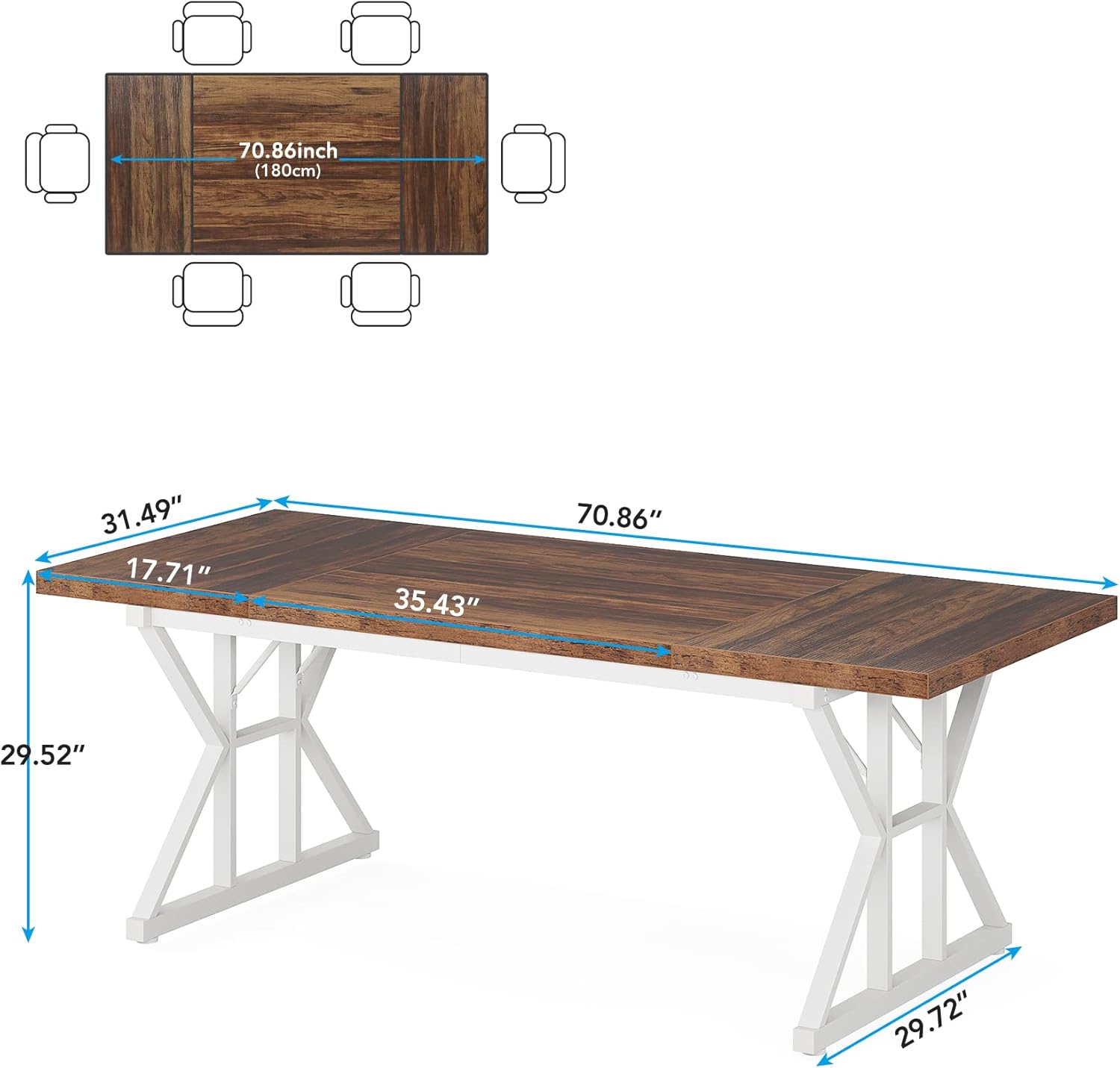 Dining Table for 6 People, 70.8-Inch Rectangular Wood Dining Table, Rustic Kitchen Table with Heavy Duty Metal Legs for Dining Room (Brown/White) - Image 2