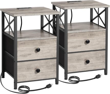 Night Stand Set 2, Nightstand with Charging Station, End Tables Living Room with USB Ports and Outlets, Bedside Tables with Fabric Drawers for Bedroom, Greige