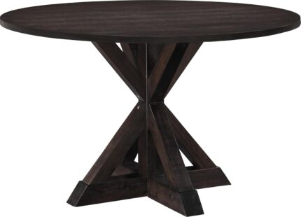 Round Solid Wood Rustic Dining Table for Kitchen Room Decor, Wooden Trestle Pedestal Base, 46.5" Wide Circular Tabletop, Distressed Dark Brown