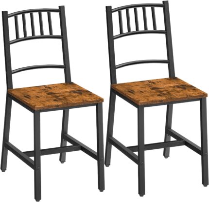 Kitchen Chairs Set of 2, Wooden Dining Room Chairs with Metal Frame, Dining Chairs with Back, Easy to Assemble, Dining Chairs for Kitchen, Living Room, Rustic Brown and Black