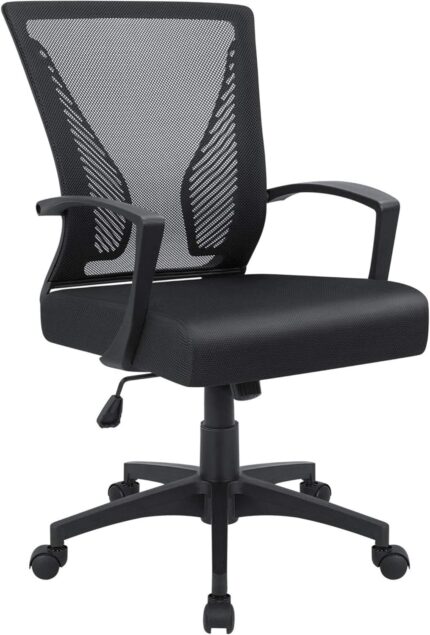 Office Chair Ergonomic Computer Desk Mesh Chair Mid Back Swivel Lumbar Support with Armrest (1, Black)
