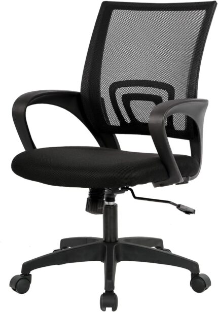 Ergonomic Office Chair | Mid-Back Swivel Desk Chair | Breathable Backrest & Lumbar Support | Adjustable Height | Sponge Seat | Rolling Wheels | Dark Black | for Adults & Women