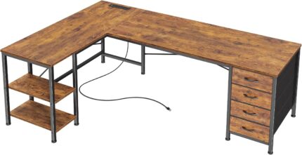 55 Inch L Shaped Desk with Fabric Drawers, Reversible Computer Gaming Desk with Power Outlets and USB-C Port, Adjustable Side Storage Shelves, for Work Corner Home Office, Rustic Brown
