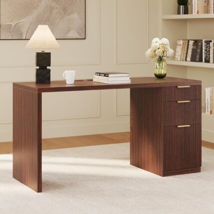 58" Modern Executive Desk with Storage, Home Office Desk with Drawer & Cabinet, Wooden Fluted Desk for Study, Living Room, Bedroom, Dark Walnut