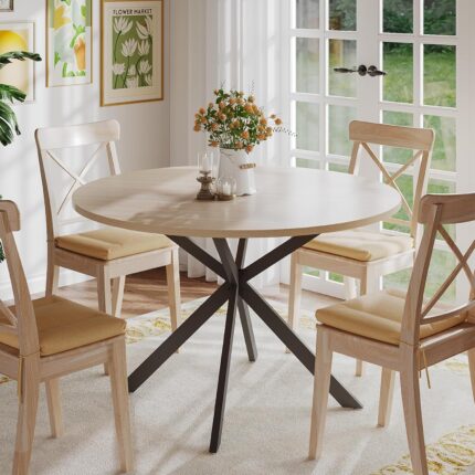47.2 Inch Round Dining Table for 4, Wood Kitchen Table, Round Dinner Table for Home Kitchen Dinning Room, Natural(Only Table)