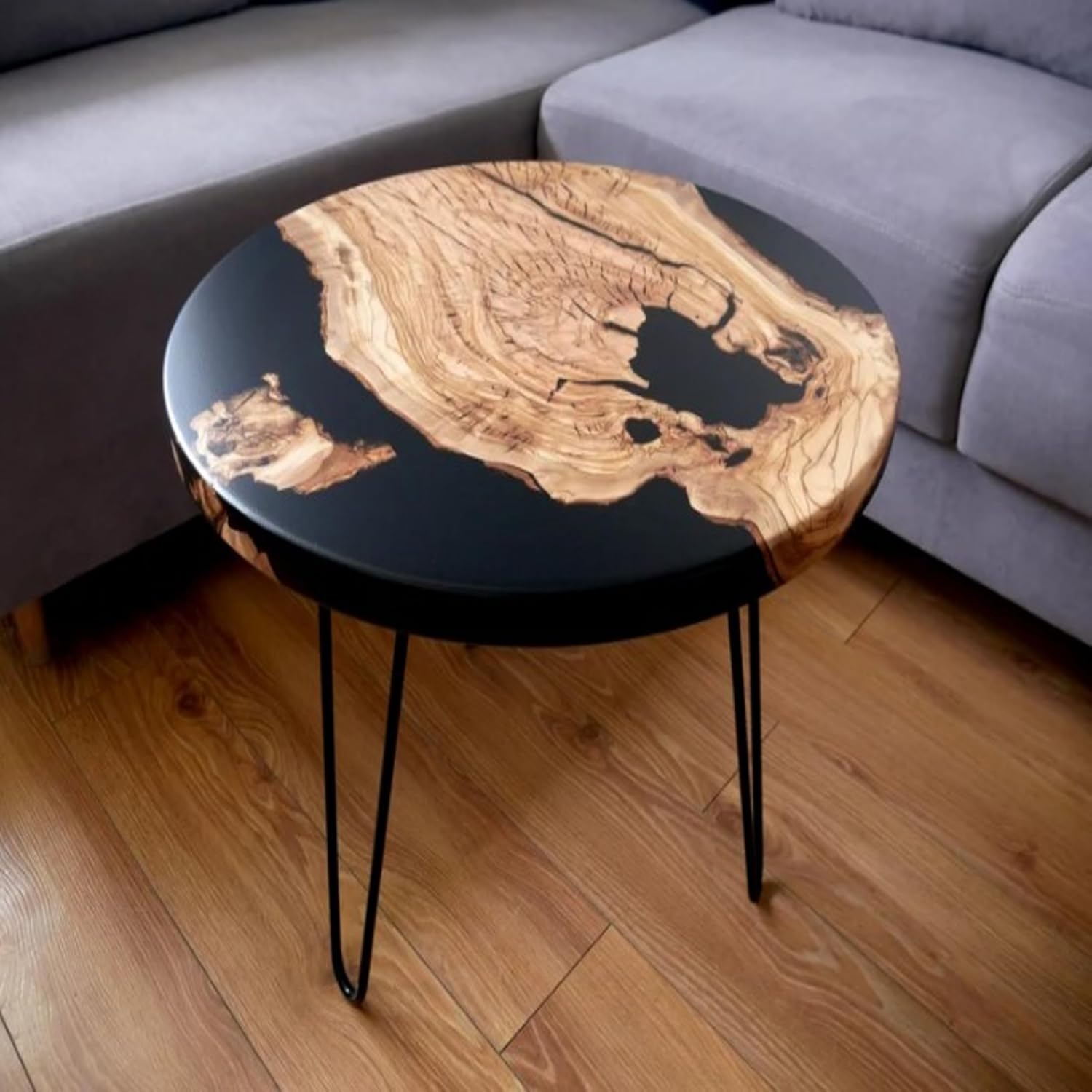 Sleek Black Epoxy Resin Table Natural Wood Slices Table Coffee Table Living Room Table Dining Table Console Table Bar Counter Table Side Table (18 Inhes Tall, 66 x 66 Inches)