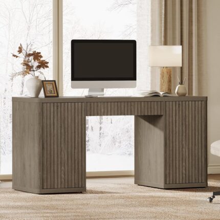 61" Large Office Computer Desk with Storage Modern Home Office Desks with Drawer & Doors Fluted Desks Executive Desk Wooden Writing Table Vanity Table for Living Room Bedroom, Grey Alder