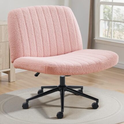 with Wheels Wide Cross Legged Office Desk Vanity Chair Comfy Fabric Armless Adjustable Swivel for Home Computer Task Teddy Pink