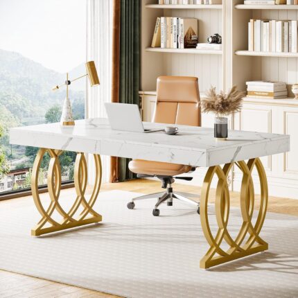 63-Inch Executive Desk, Modern Office Computer Desk with Stylish Gold Legs, Rectangular Workstation for Home Office, Small Conference Table for Meeting Room (White & Gold)