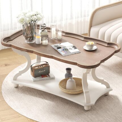 Coffee Table, Modern Cocktail Table with Storage Shelf, Sofa Table with Natural Tray Top and Carved Legs for Living Room, Bedroom, Dining Room in Vintage White