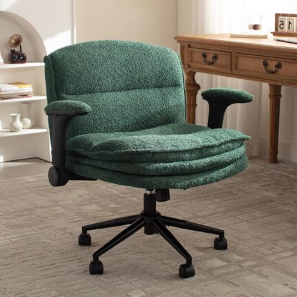 with Adjustable Flip-up Arms and Wheels, Comfort Ergonomic Office Desk Armchair with 3 Layer Cushions, Wide Seat Vanity Chair for Home Office, Living Room, Bedroom, Green