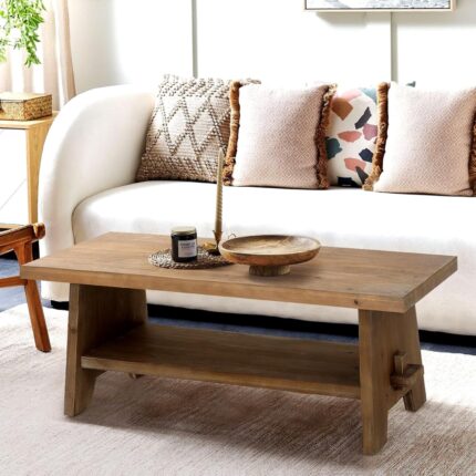 Wood Coffee Table - 43.4” Mid Century Modern Wooden Coffee Tables for Living Room, Solid Firwood Tabletop Rectangle Coffee Table, Center Table for Living Room, Brown