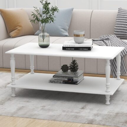 European White Coffee Table with Storage Living Room Boho Coffee Table 39 Inch Unique Rectangle Coffe Table Wooden Center Table for Living Room with Retro Roman Leg