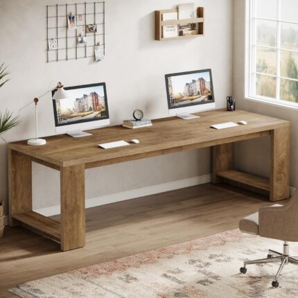 Two Person Desk, 86.6 Inches Extra Long Desk, Double Computer Writing Table, Wood Large Desks Workstation for Home Office, Natural Wood