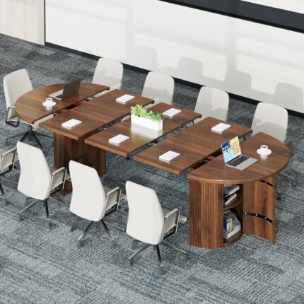 8FT Long Extendable Oval Conference Table for 4-10, 43-95 Inch Round Meeting Room Table with 3 Leaf, 2 Storage, Space Saving Fluted Circle Desk for Office, Conference Room, Boardroom, Seminar, Walnut