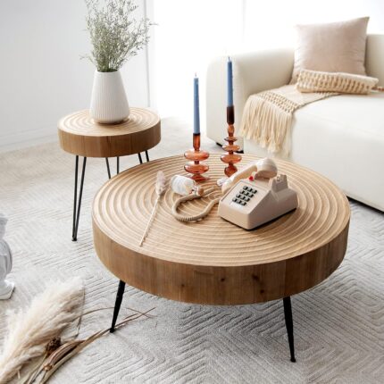 2-Piece Modern Living Room Coffee Table Set, Nesting Table Round Natural Finish with Handcrafted Wood Ring Motif, Wood Colour