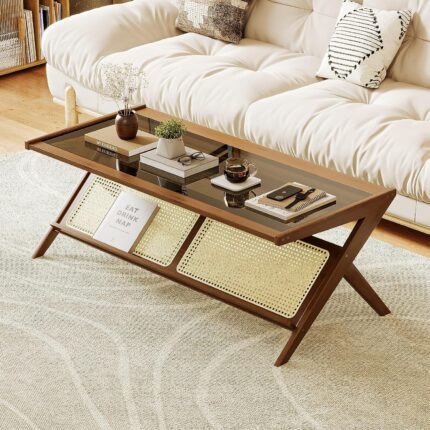 Modern Coffee Table with Glass Top Rattan Center Table with Storage for Living Room Table Brown